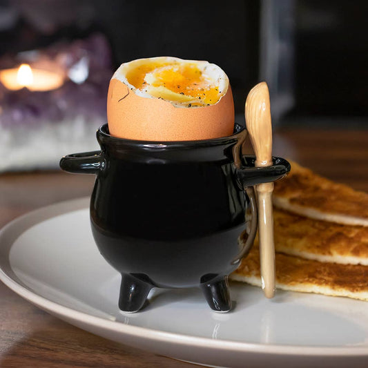 Gothic Halloween Cauldron Egg Cup with Broom Spoon