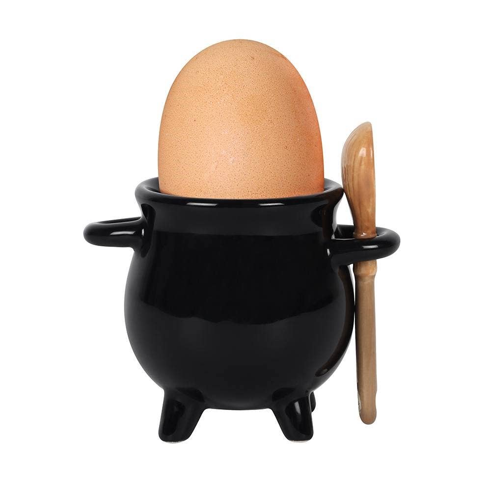 Gothic Halloween Cauldron Egg Cup with Broom Spoon